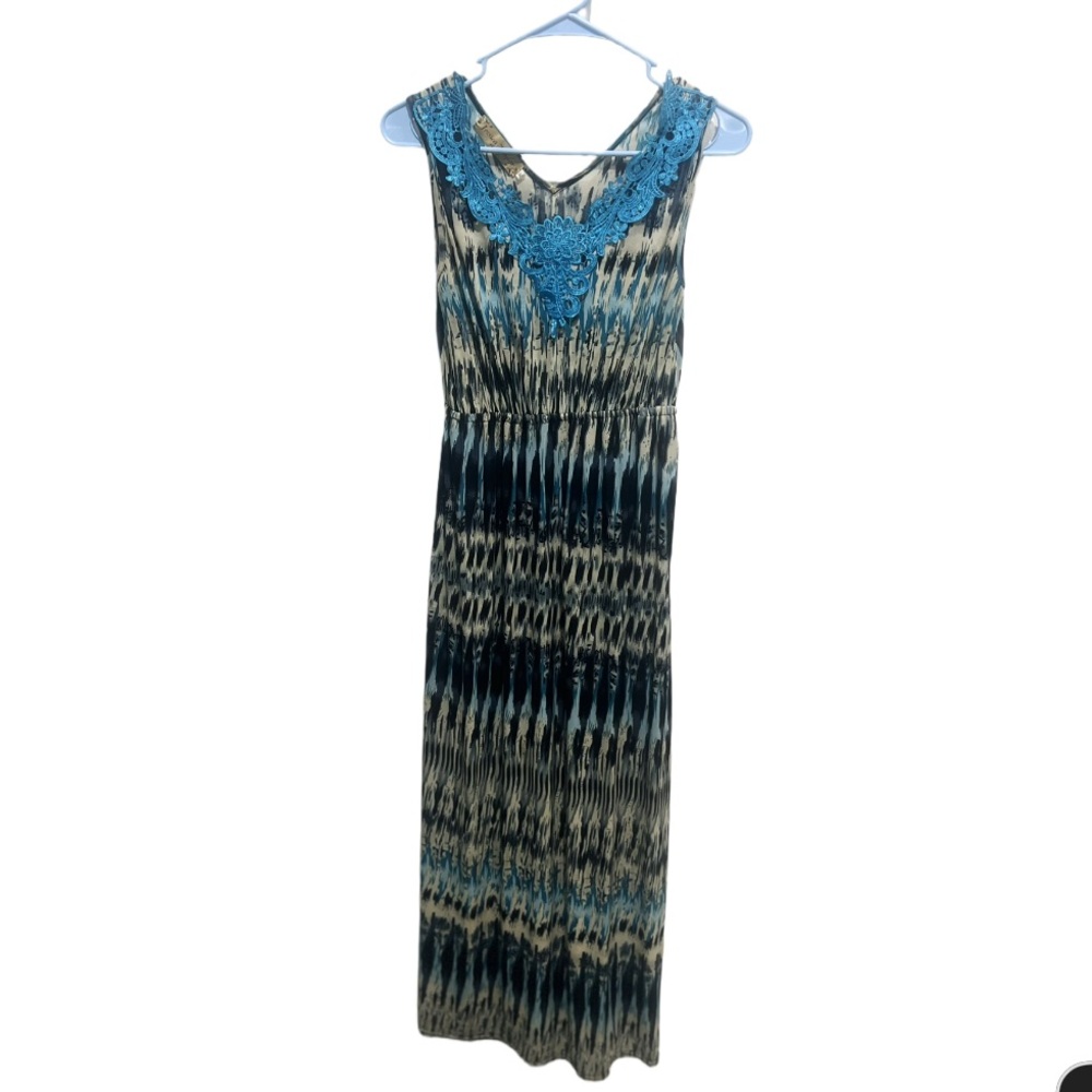 Chic Blue and Black Patterned Maxi Dress- see measurements